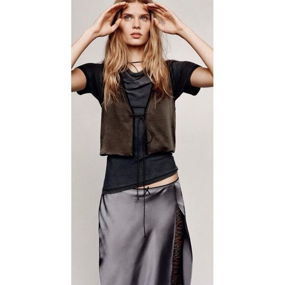 Zara Satin Effect Midi Skirt Slit with Lace Leggings Lining Gray S Whimsigoth - Picture 2 of 16